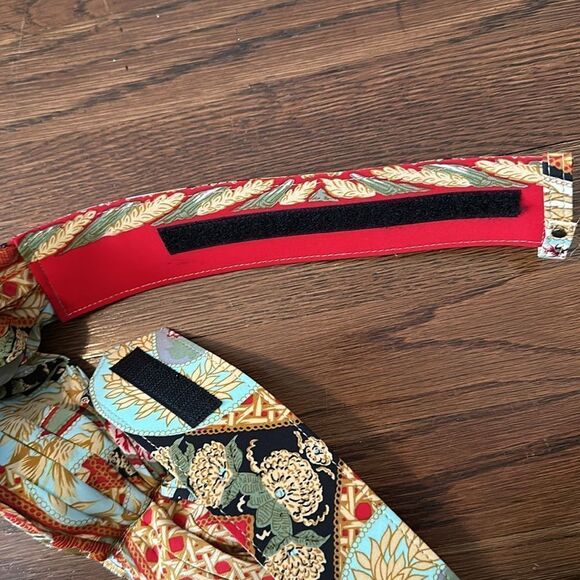 Vtg  90s cloth statement red, green & gold belt with large‎ oval brass “buckle” main image 5